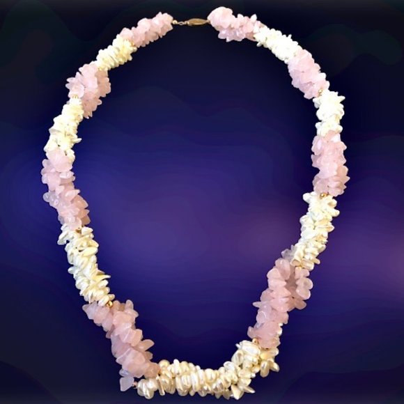 Jewelry - Vintage Necklace Freshwater Pearl + Rose Quartz Triple Multi-Strand Twis…